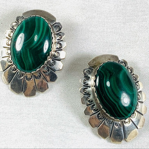Sterling and malachite earrings - Picture 1 of 8